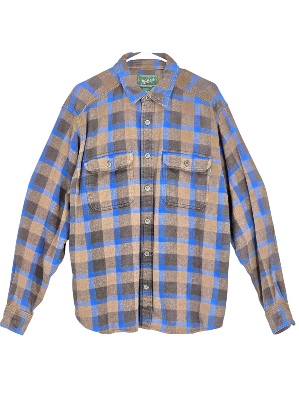 Woolrich Flannel Shirt Mens XL Brown Blue Plaid Workwear Button Down Heavy
